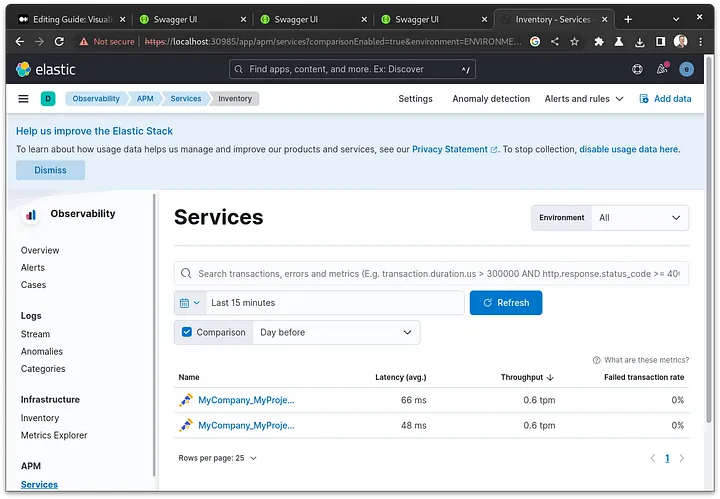 Web browser showing the APM application in Kibana