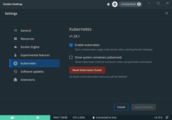 Docker desktop kubernetes settings with red 'Reset kubernetes cluster' button
