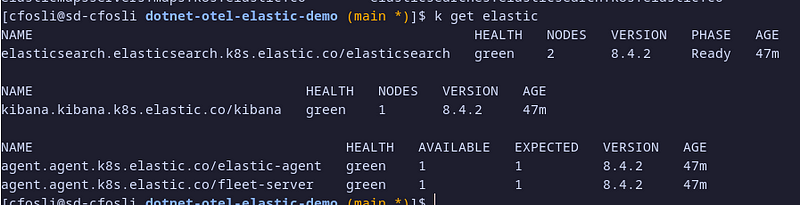 Terminal window with kubectl command showing elastic is healthy