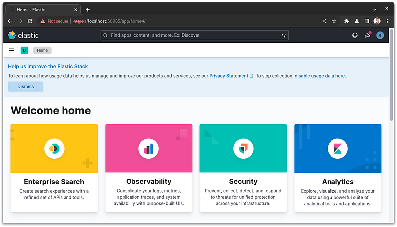 Web browser showing kibana home page after log-in