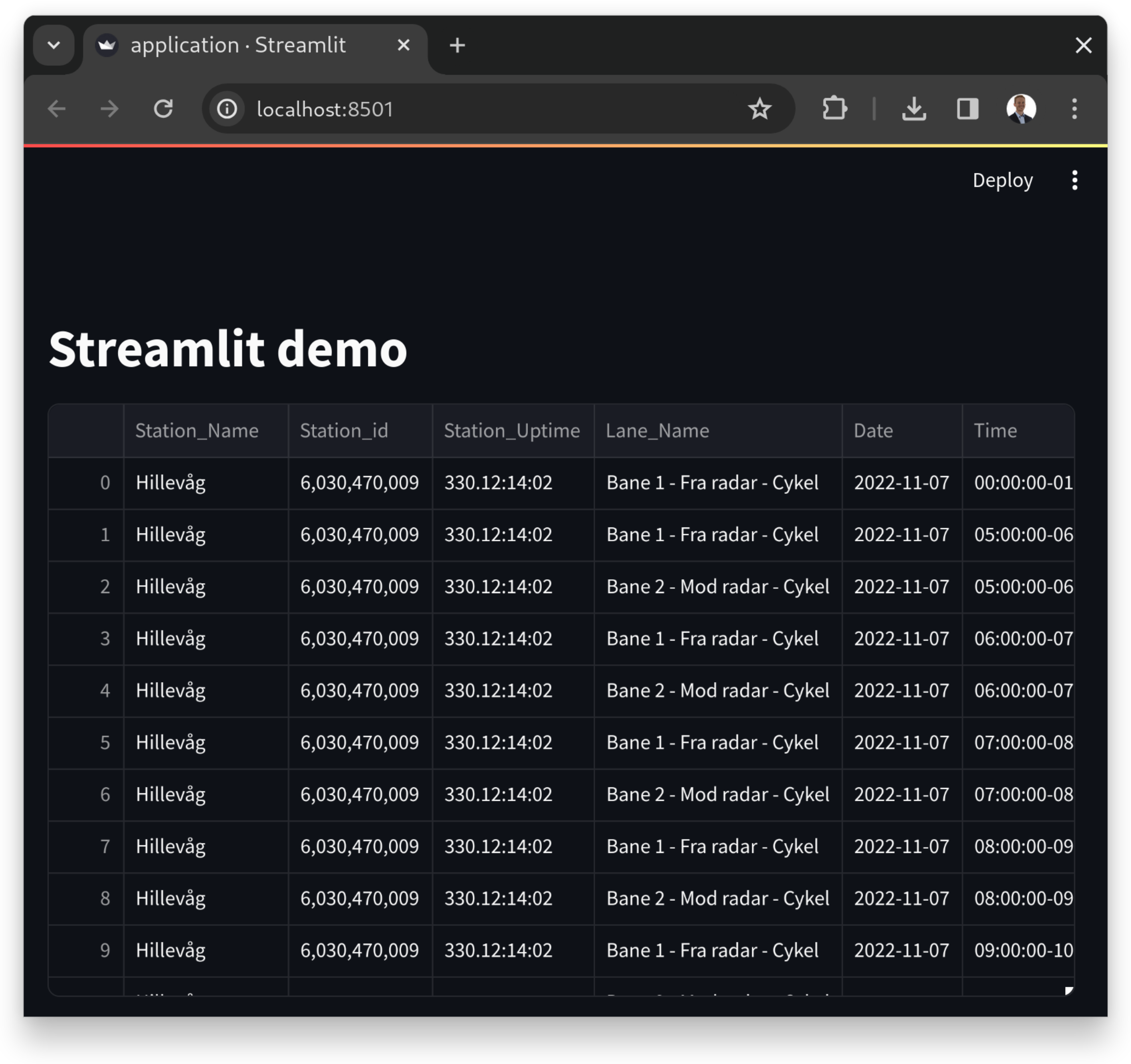 streamlit app with dataframe